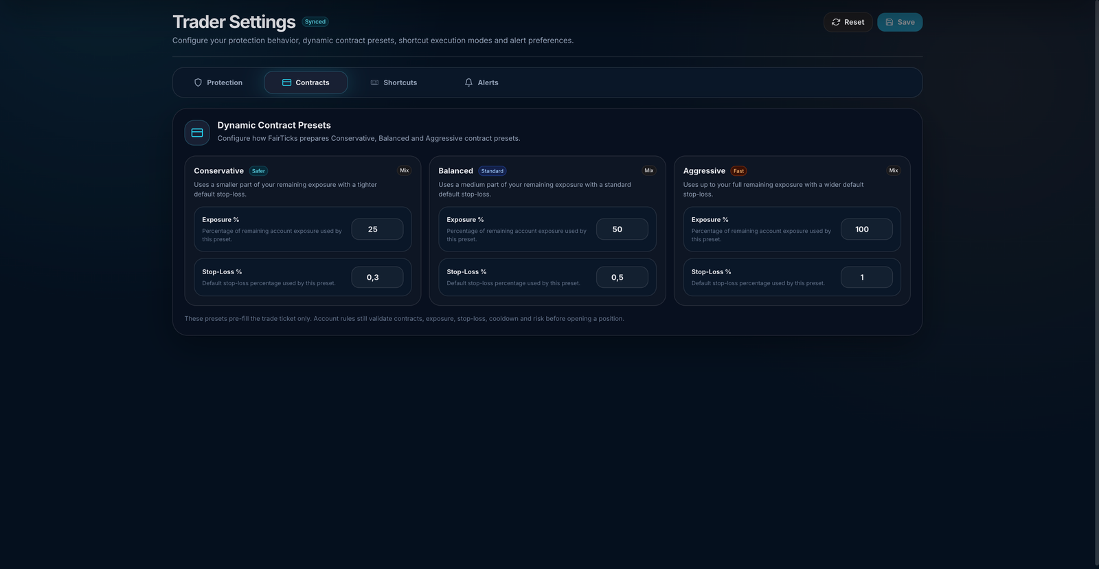 FairTicks Trader Settings Contracts tab showing Conservative, Balanced and Aggressive dynamic contract presets