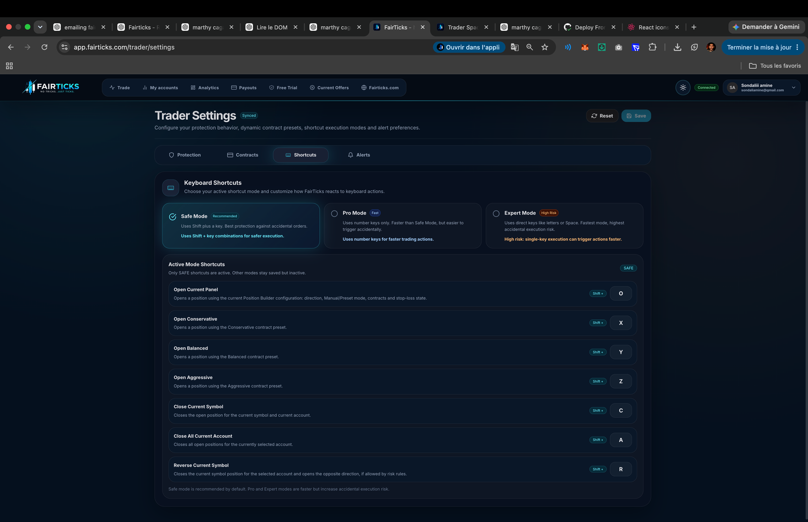 FairTicks Trader Settings Shortcuts tab showing Safe, Pro and Expert execution modes